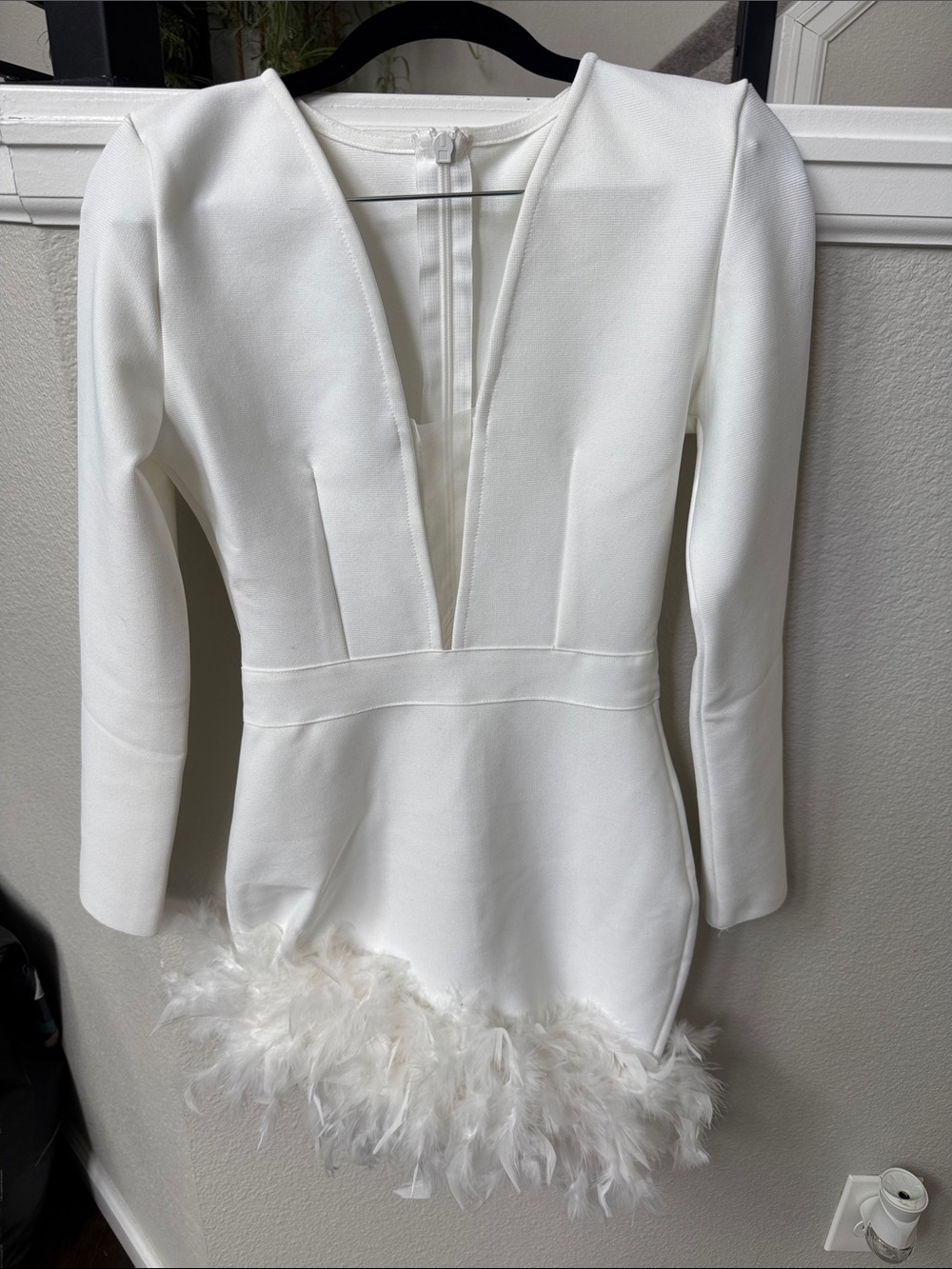 White Plunge Neck Feather Hem Mini Dress